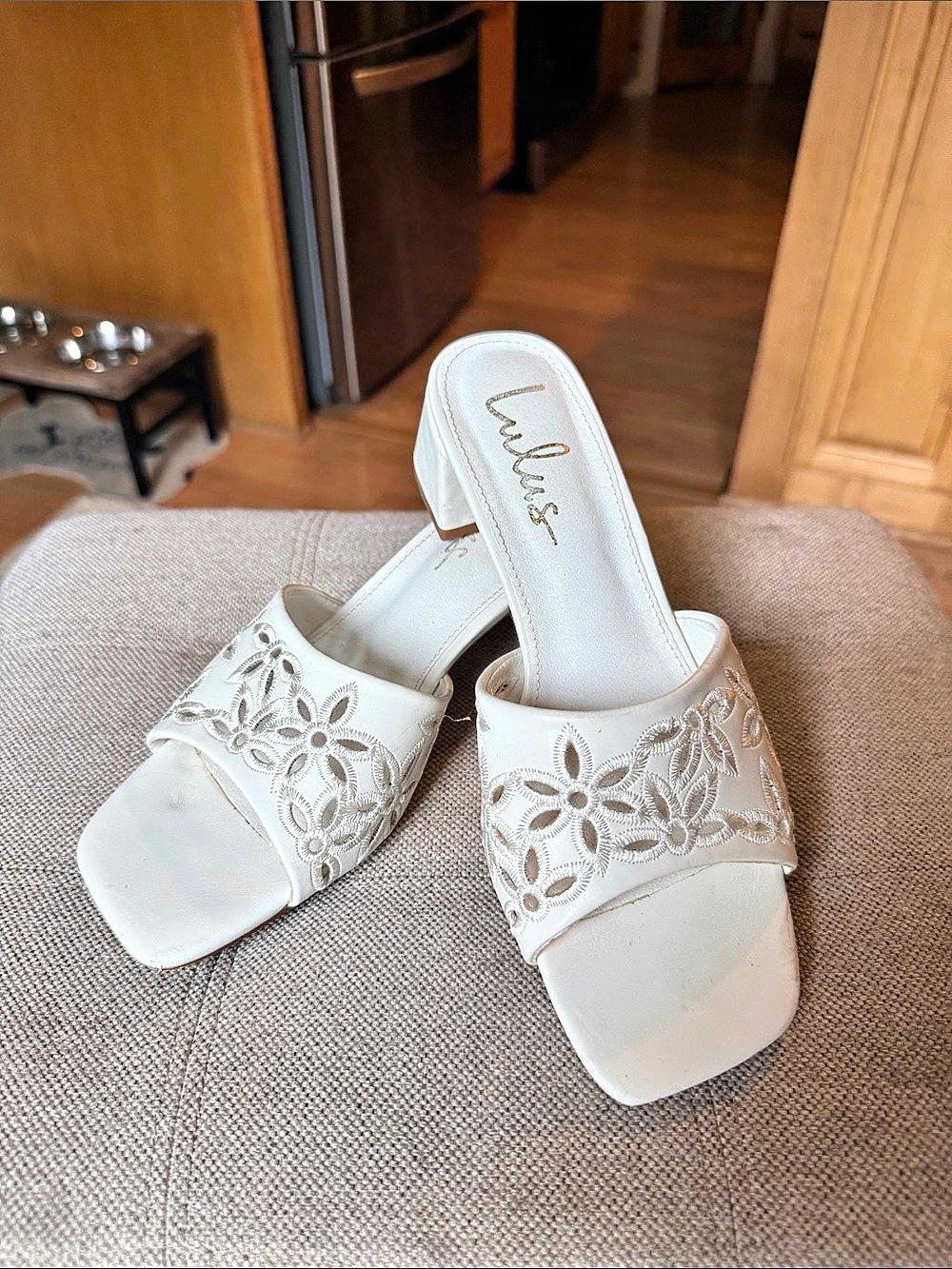 Lulus Raquelle White Embroidered High Heel Slide Sandals Block Heel Sandals